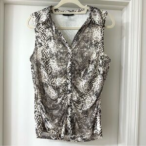 Cable & Gauge Black, White & Cream Animal Print Sleeveless Ruched Blouse, Size L